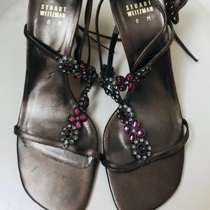Stuart Weitzman Gold Leather Rhinestone Sandals
